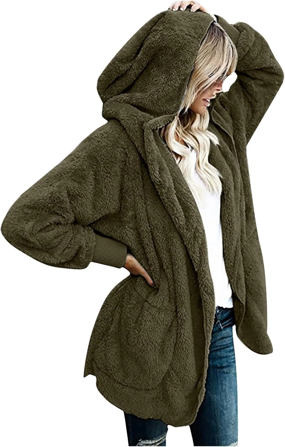 Womens 2023 Winter Long Sleeve Solid Fuzzy Fleece Open Front Hooded Cardigans Jacket Coats