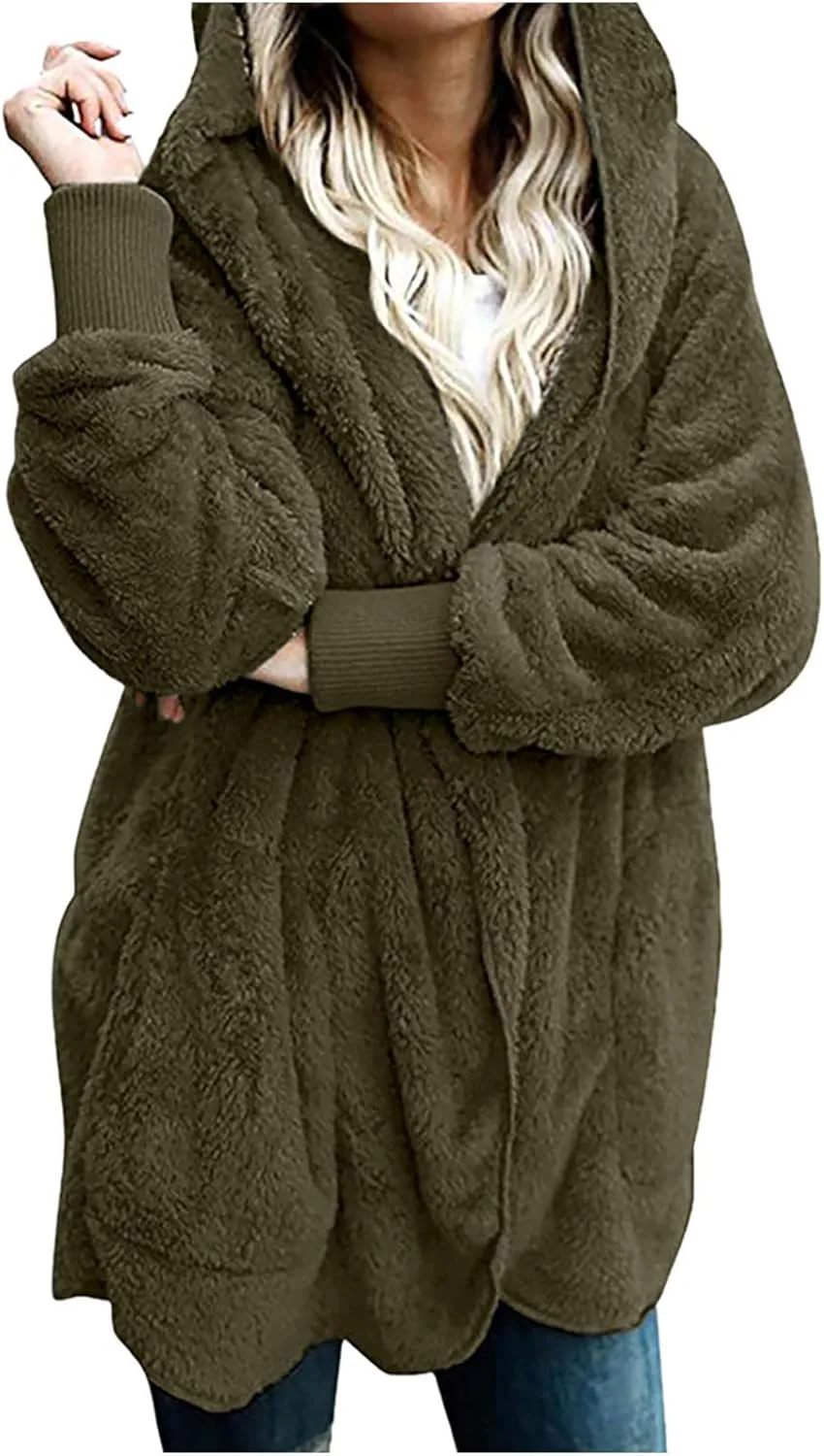 Womens 2023 Winter Long Sleeve Solid Fuzzy Fleece Open Front Hooded Cardigans Jacket Coats