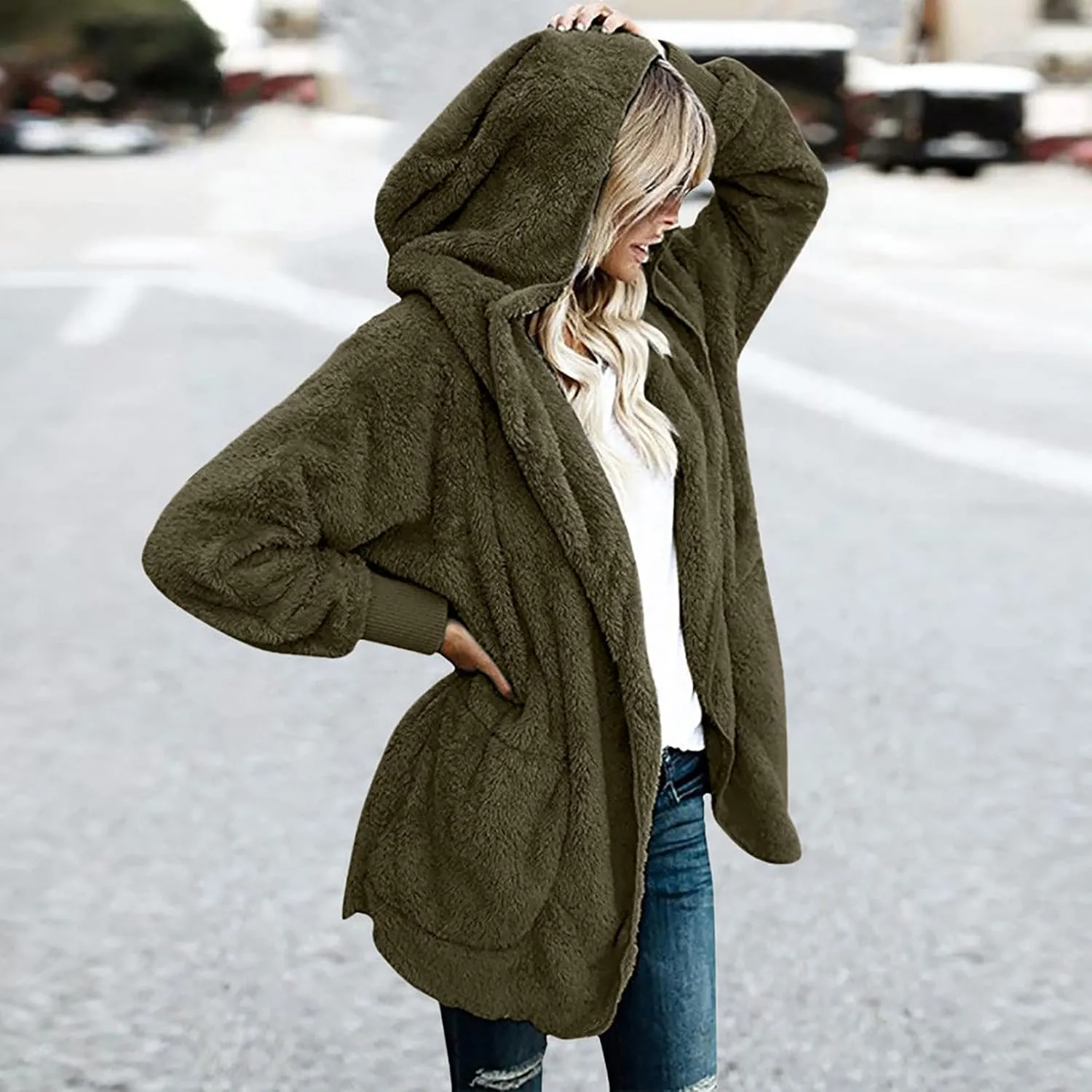 Womens 2023 Winter Long Sleeve Solid Fuzzy Fleece Open Front Hooded Cardigans Jacket Coats
