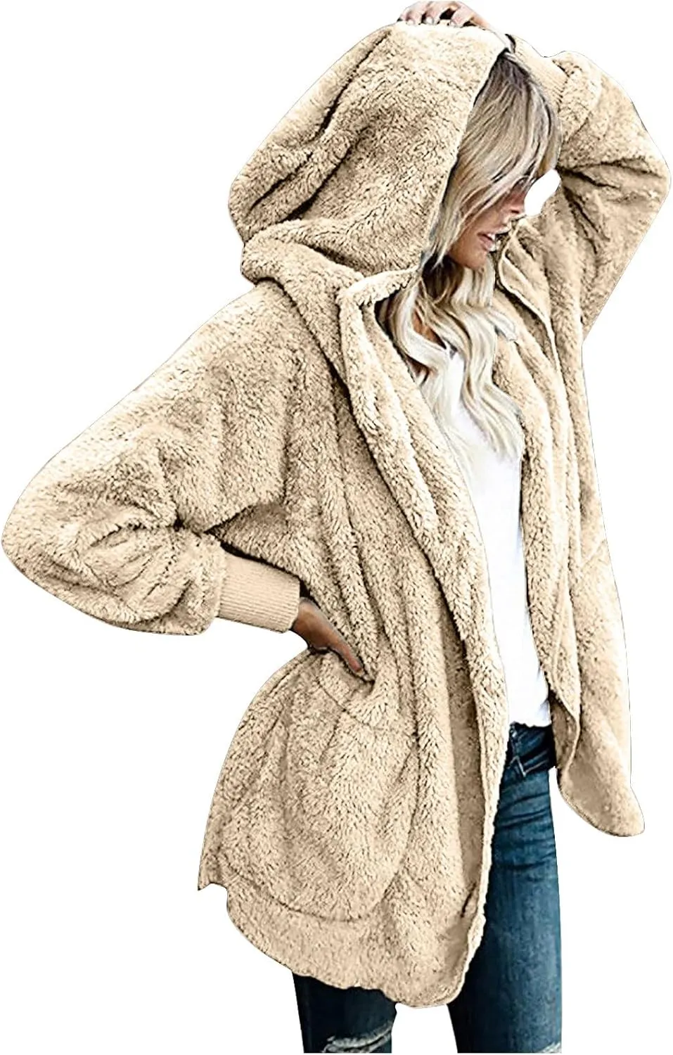 Womens 2023 Winter Long Sleeve Solid Fuzzy Fleece Open Front Hooded Cardigans Jacket Coats