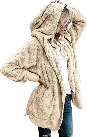 Womens 2023 Winter Long Sleeve Solid Fuzzy Fleece Open Front Hooded Cardigans Jacket Coats