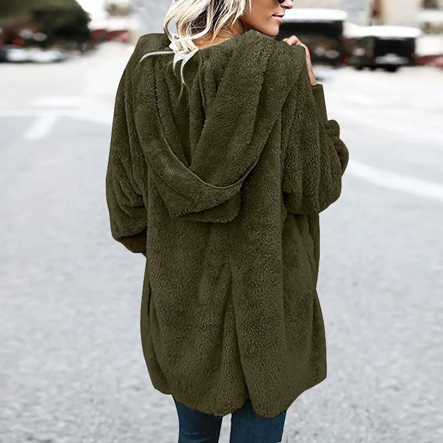 Womens 2023 Winter Long Sleeve Solid Fuzzy Fleece Open Front Hooded Cardigans Jacket Coats