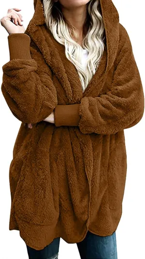 Womens 2023 Winter Long Sleeve Solid Fuzzy Fleece Open Front Hooded Cardigans Jacket Coats