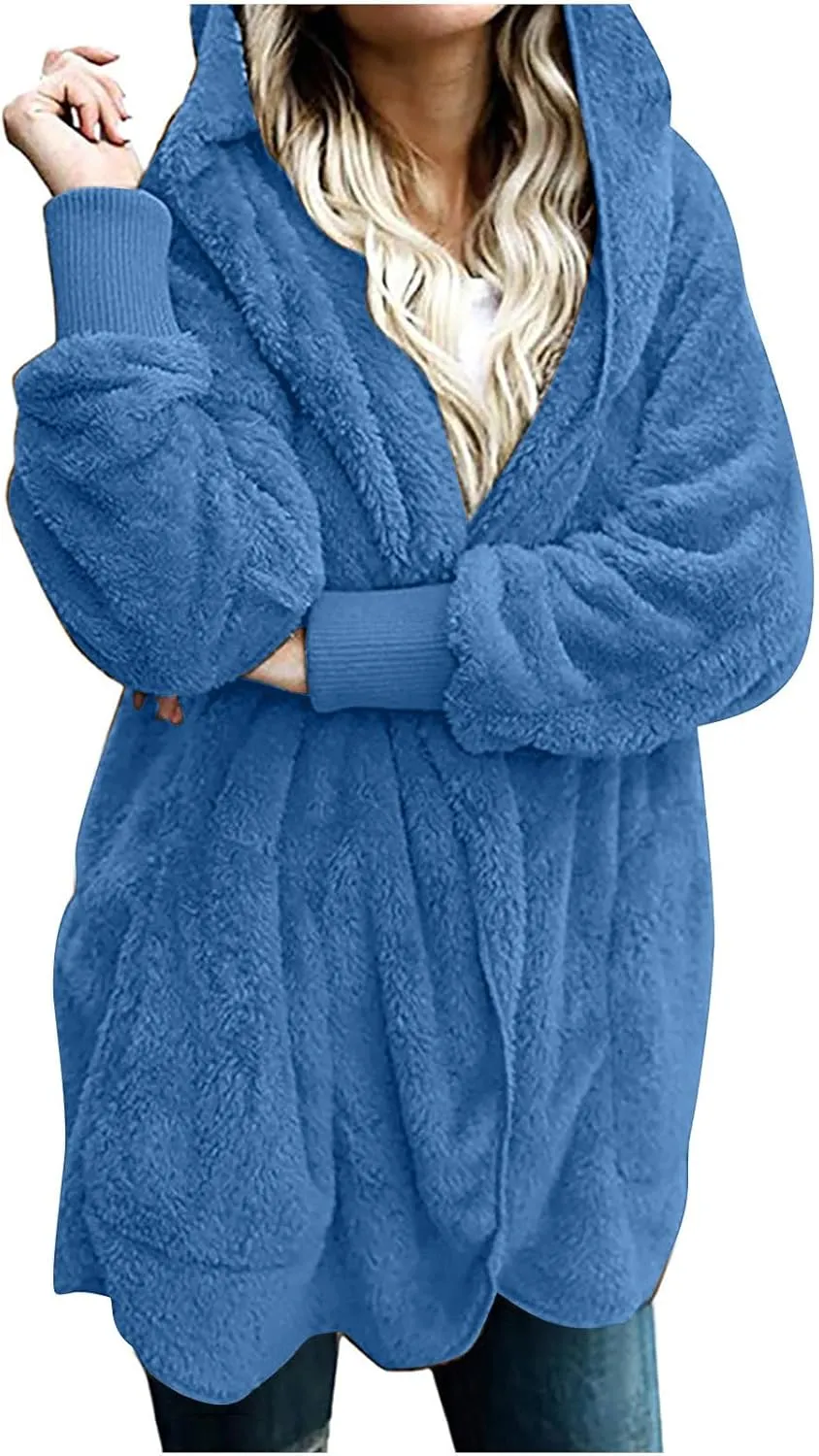 Womens 2023 Winter Long Sleeve Solid Fuzzy Fleece Open Front Hooded Cardigans Jacket Coats