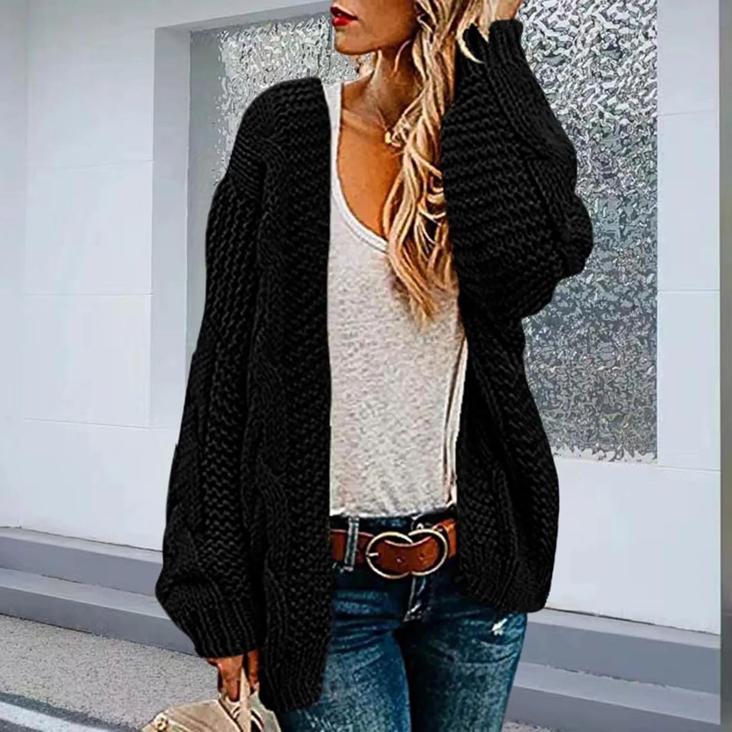 Womens 2024 Fall Open Front Chunky Knit Cardigan Sweaters Oversized Lantern Sleeve Sweater Winter Coat Outwear