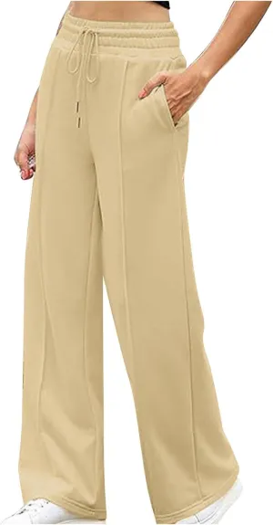 Womens Baggy Sweat Pants Wide Leg Sweatpants Plus Size High Waisted Elastic Drawstring Jogger Pants with Pockets