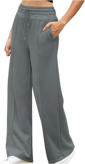 Womens Baggy Sweat Pants Wide Leg Sweatpants Plus Size High Waisted Elastic Drawstring Jogger Pants with Pockets