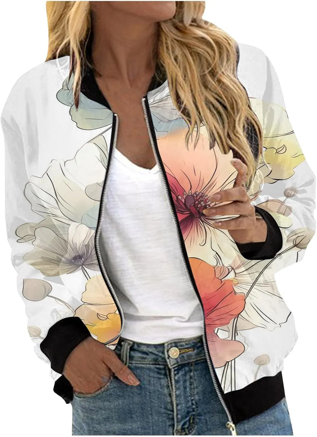 Women's Bomber Jacket 2024 Long Sleeve Classic Gradient Print Jacket Casual Daily Lightweight Short Outwear Tops