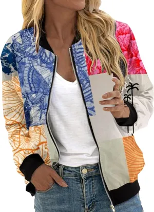 Women's Bomber Jacket 2024 Square Thin Pocket Jacket Blouse Coat Baseball Women's Casual Floral Zip Up Bomber Jacket