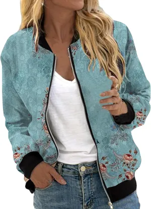 Women's Bomber Jacket 2024 Square Thin Pocket Jacket Blouse Coat Baseball Women's Casual Floral Zip Up Bomber Jacket