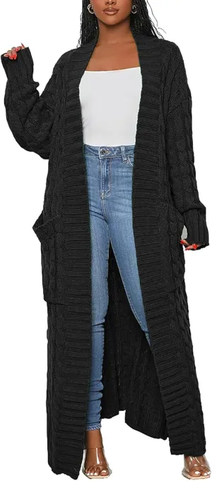 Women's Cable Knit Maxi Cardigan Long Cardigan Sweater Open Front Chunky Knitwear Coat with Pockets Black