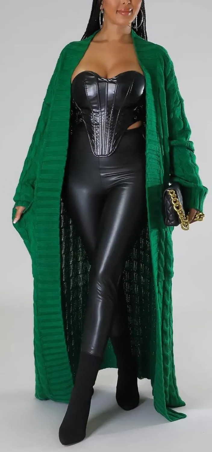 Women's Cable Knit Maxi Cardigan Long Cardigan Sweater Open Front Chunky Knitwear Coat with Pockets
