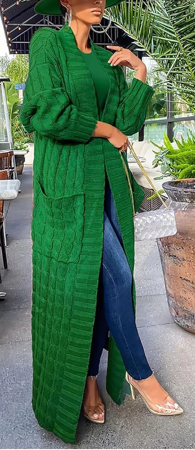 Women's Cable Knit Maxi Cardigan Long Cardigan Sweater Open Front Chunky Knitwear Coat with Pockets
