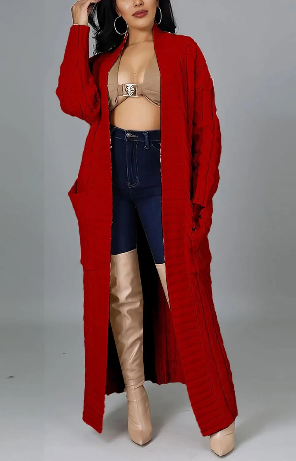 Women's Cable Knit Maxi Cardigan Long Cardigan Sweater Open Front Chunky Knitwear Coat with Pockets