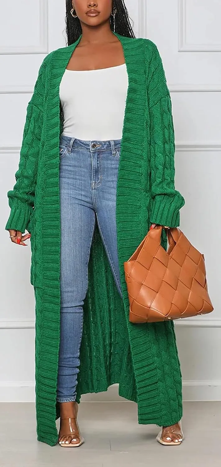 Women's Cable Knit Maxi Cardigan Long Cardigan Sweater Open Front Chunky Knitwear Coat with Pockets