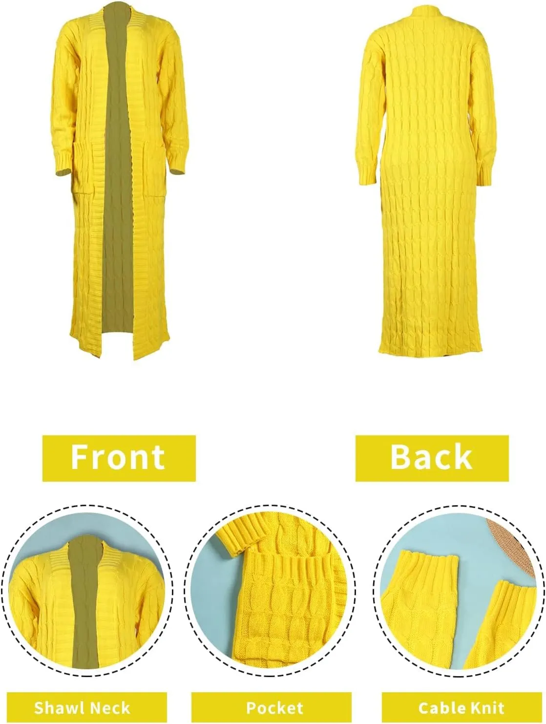 Women's Cable Knit Maxi Cardigan Long Cardigan Sweater Open Front Chunky Knitwear Coat with Pockets