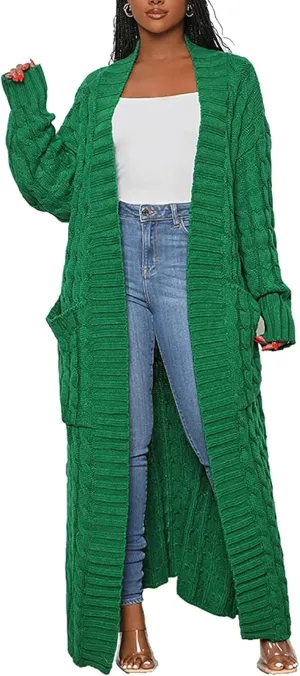 Women's Cable Knit Maxi Cardigan Long Cardigan Sweater Open Front Chunky Knitwear Coat with Pockets