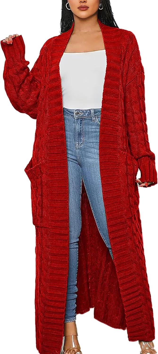 Women's Cable Knit Maxi Cardigan Long Cardigan Sweater Open Front Chunky Knitwear Coat with Pockets