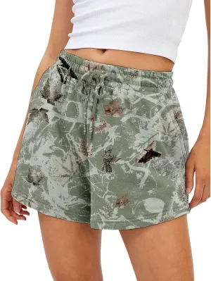 Womens Camo Shorts Athletic Comfy Elastic Waist Drawstring Pocket Short Pants Maple Leaf Camouflage Shorts
