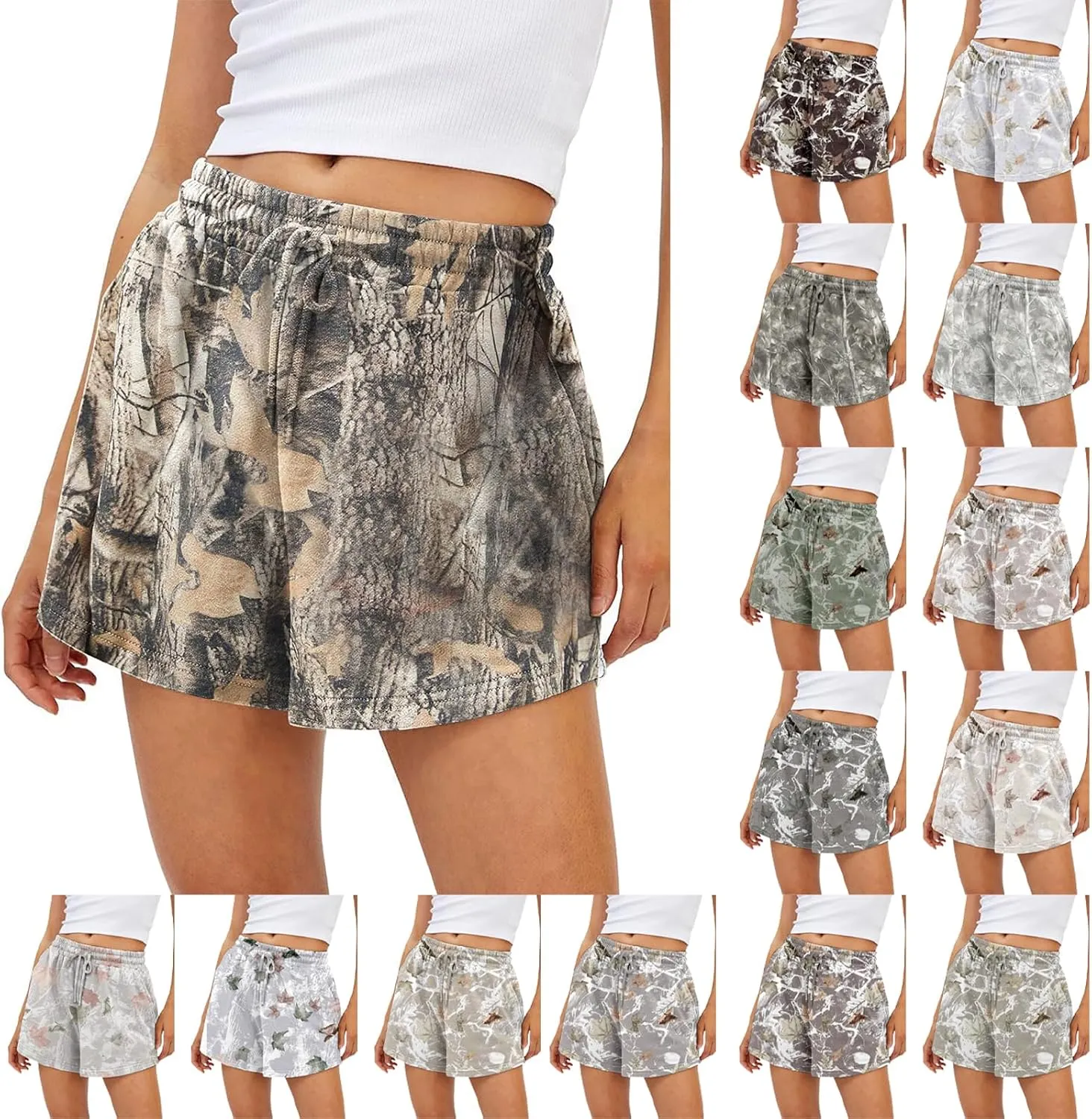 Womens Camo Shorts Athletic Comfy Elastic Waist Drawstring Pocket Short Pants Maple Leaf Camouflage Shorts