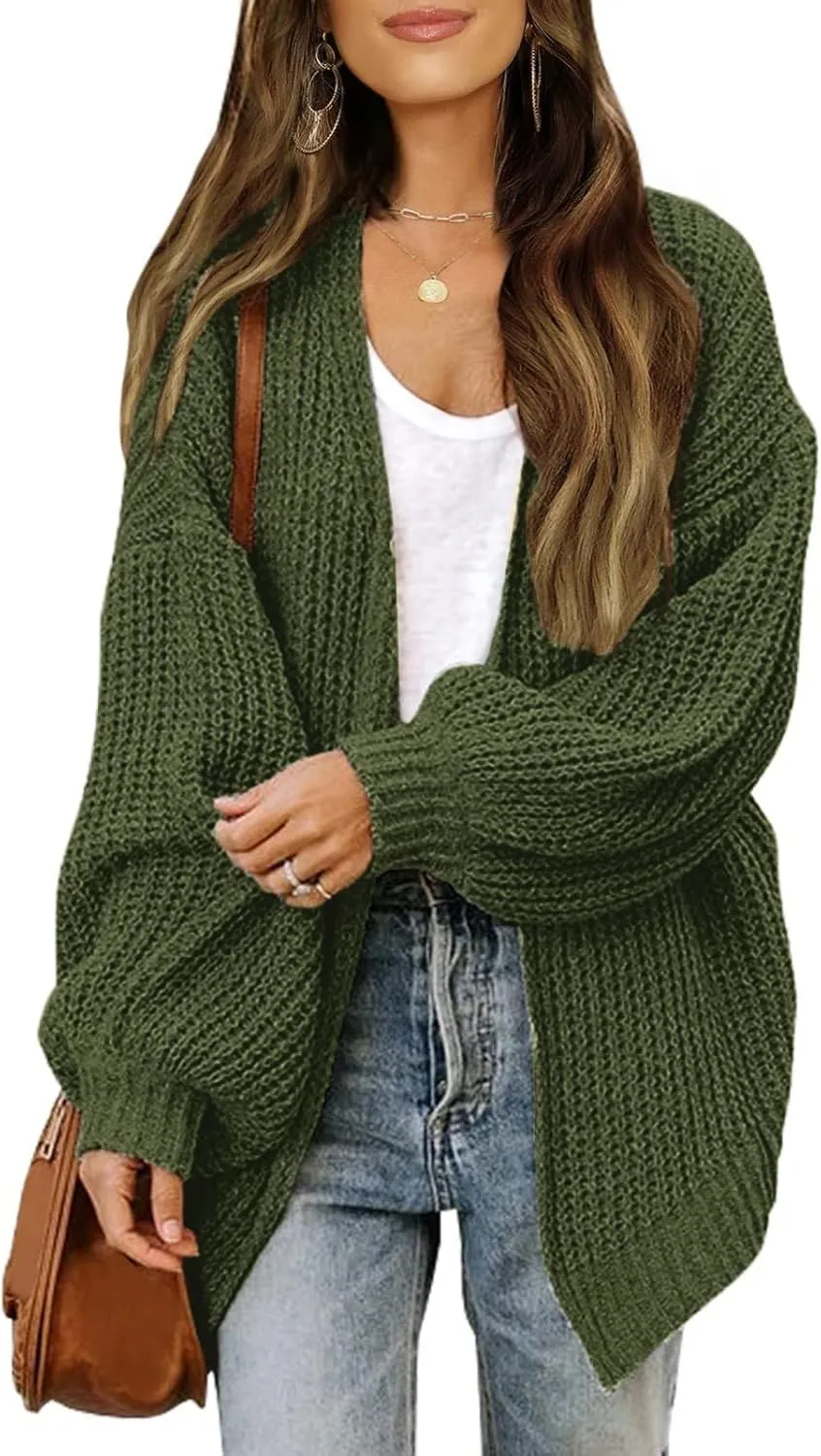 Women's Cardigan Open Front Long Lantern Sleeve Sweater Coats Fall 2024 Oversized Chunky Knit Outwear with Pockets