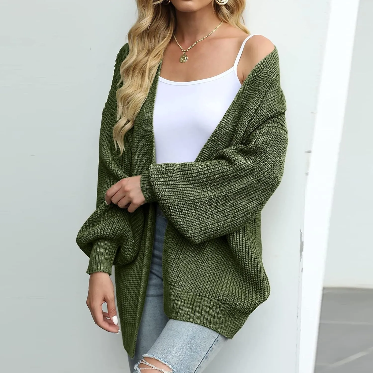 Women's Cardigan Open Front Long Lantern Sleeve Sweater Coats Fall 2024 Oversized Chunky Knit Outwear with Pockets