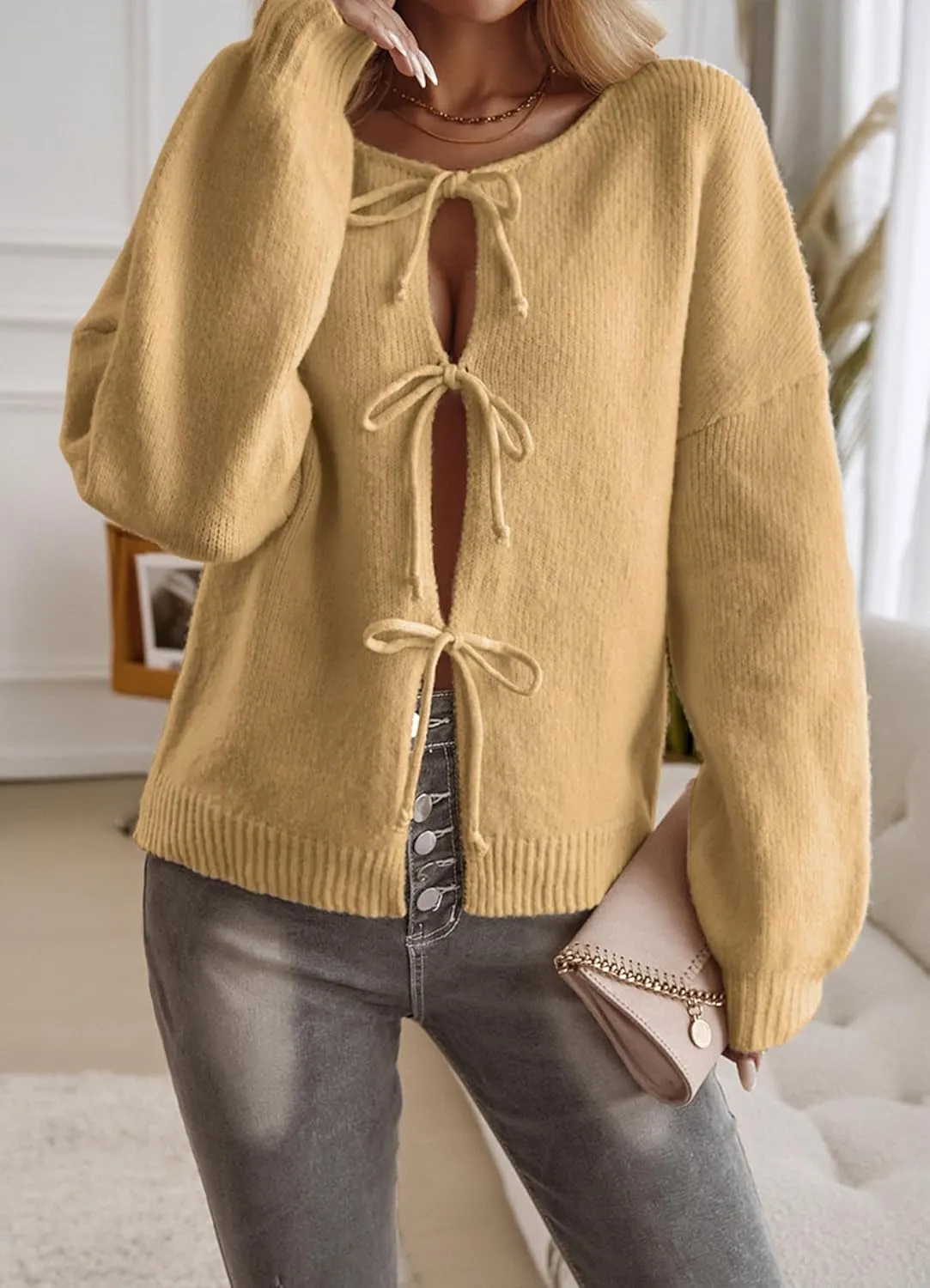 Womens Casual Long Sleeve Cable Knit Cardigan Sweaters Lightweight Crew Neck Open Front Tie Short Outerwear Coats