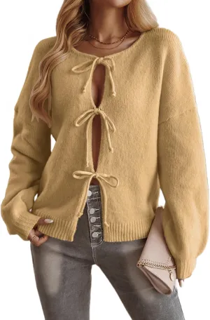 Womens Casual Long Sleeve Cable Knit Cardigan Sweaters Lightweight Crew Neck Open Front Tie Short Outerwear Coats
