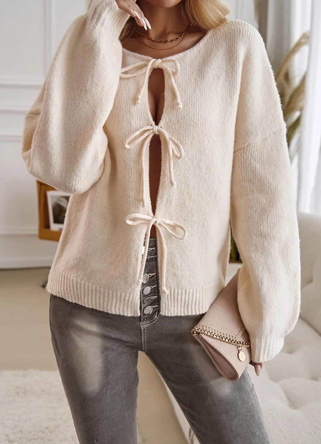 Womens Casual Long Sleeve Cable Knit Cardigan Sweaters Lightweight Crew Neck Open Front Tie Short Outerwear Coats