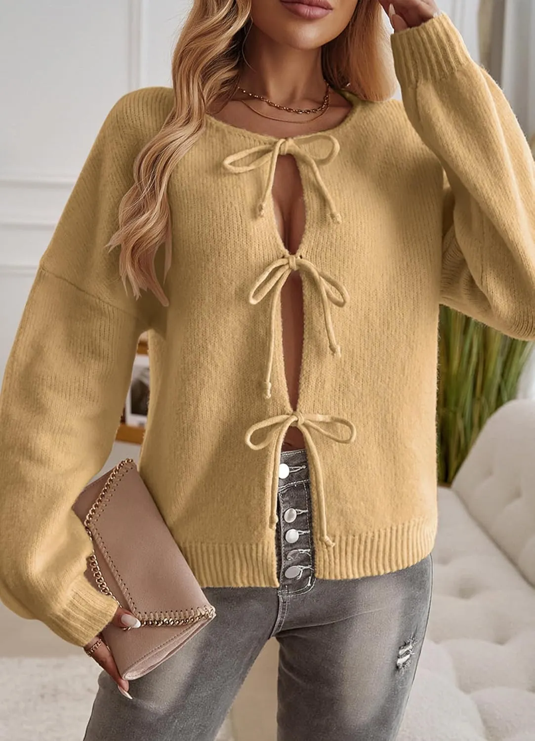 Womens Casual Long Sleeve Cable Knit Cardigan Sweaters Lightweight Crew Neck Open Front Tie Short Outerwear Coats