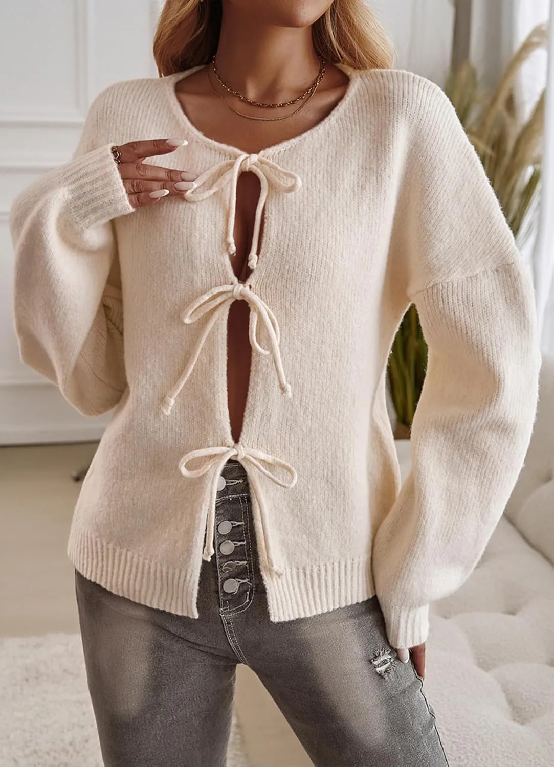Womens Casual Long Sleeve Cable Knit Cardigan Sweaters Lightweight Crew Neck Open Front Tie Short Outerwear Coats
