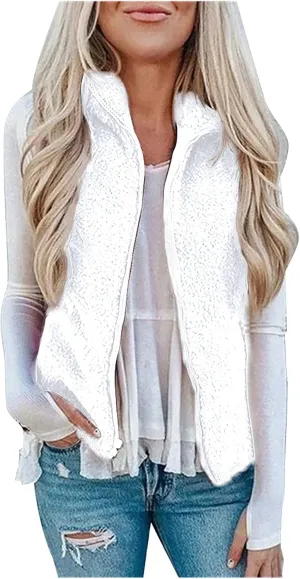 Womens Casual Solid Puffer Jacket Vest Fuzzy Fleece Insulated Cardigan Coat Winter Daily Slim Full Zip Teddy Outwear