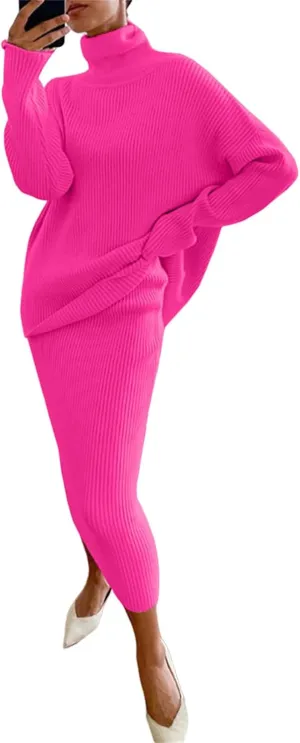 Women's Chunky 2 Piece Sweater Outfits Turtleneck Knit Sweaters and Maxi Bodycon Skirt Sets