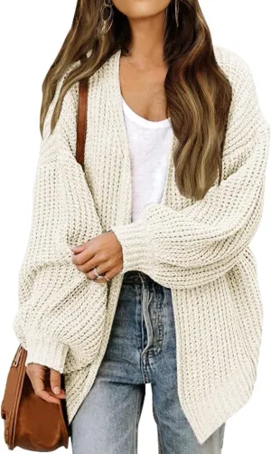 Women's Chunky Cardigan Sweaters 2024 Fall Cable Knit Open Front Sweater Lantern Sleeve Oversized Cardigan Outwear