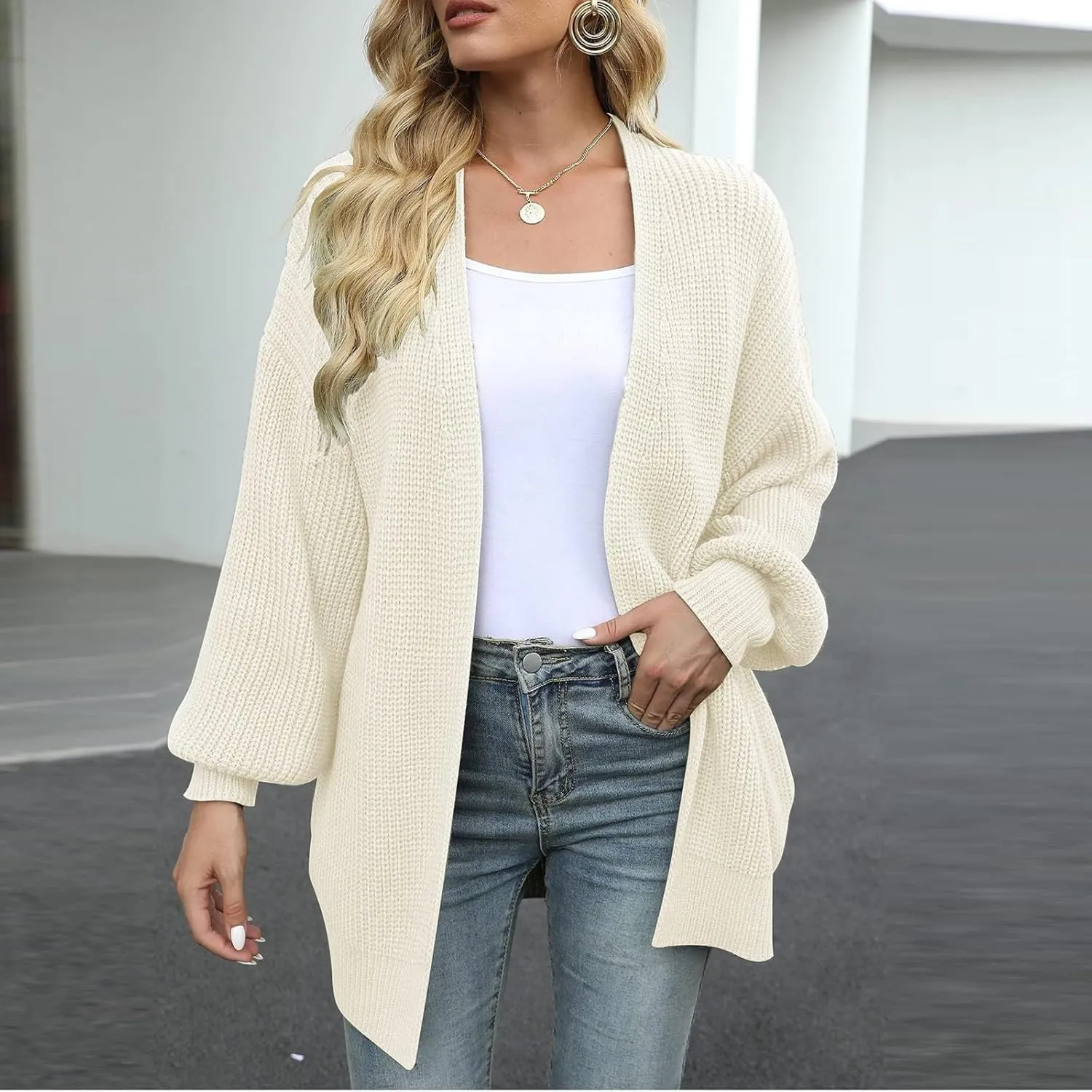 Women's Chunky Cardigan Sweaters 2024 Fall Cable Knit Open Front Sweater Lantern Sleeve Oversized Cardigan Outwear