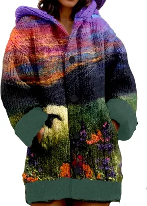 Women's Colorful Graphic 3D Print Chunky Cable Knit Hooded Cardigan Fall Winter Warm Button Down Coat with Pockets