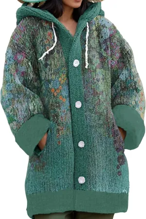 Women's Colorful Graphic 3D Print Chunky Cable Knit Hooded Cardigan Fall Winter Warm Button Down Coat with Pockets
