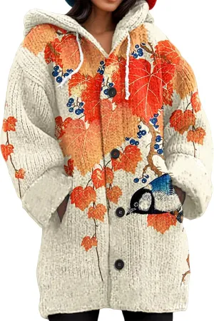 Women's Colorful Graphic 3D Print Chunky Cable Knit Hooded Cardigan Fall Winter Warm Button Down Coat with Pockets