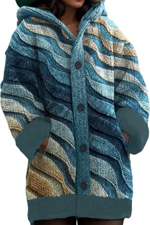 Women's Colorful Graphic 3D Print Chunky Cable Knit Hooded Cardigan Fall Winter Warm Button Down Coat with Pockets