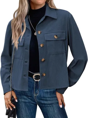 Womens Corduroy Jacket Cropped Lapel Button Down Shacket Jacket Casual Loose Long Sleeve Shirts 2024 Fashion Outwear