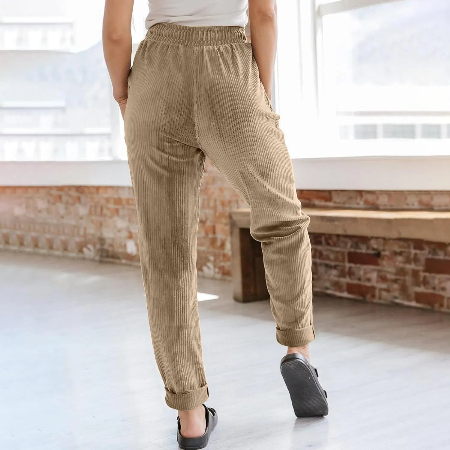 Womens Corduroy Pants Soft Drawstring High Waisted Wide Leg Pants Casual Baggy Cropped Lounge Pants with Pockets