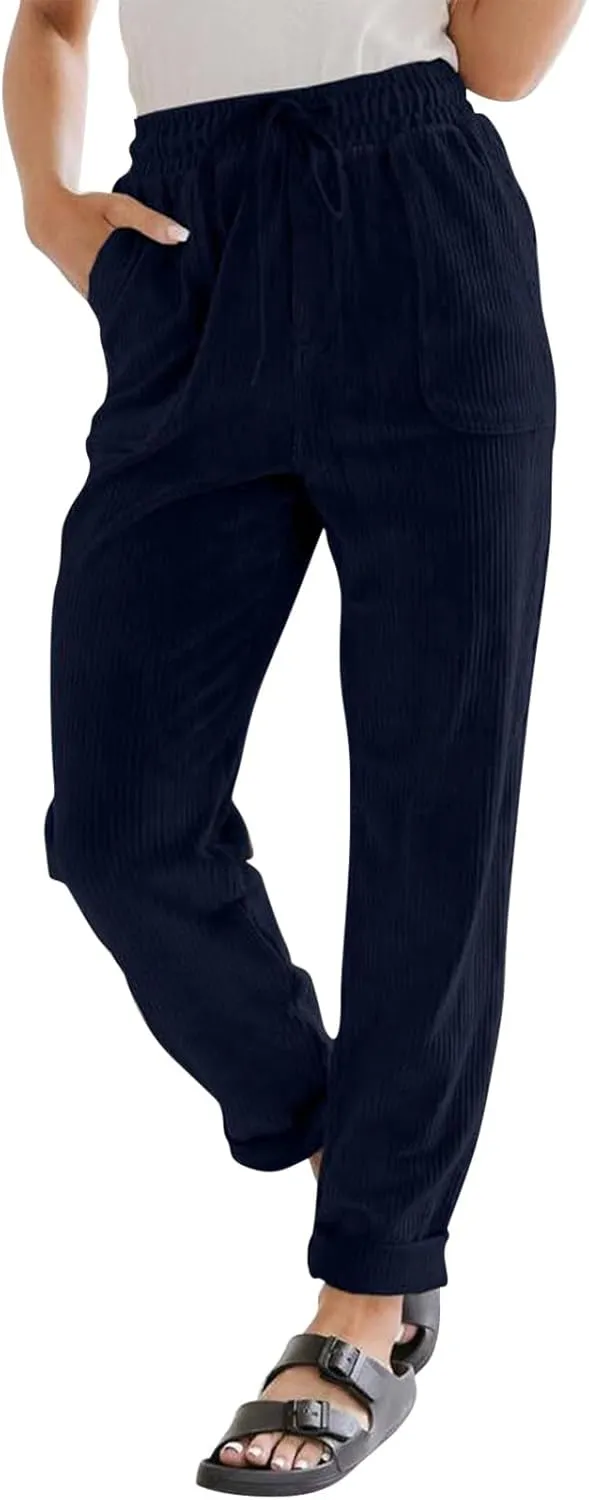 Womens Corduroy Pants Soft Drawstring High Waisted Wide Leg Pants Casual Baggy Cropped Lounge Pants with Pockets