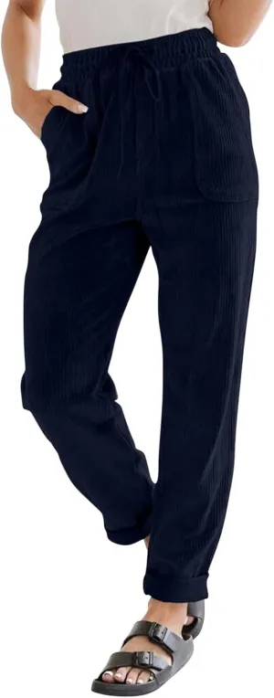 Womens Corduroy Pants Soft Drawstring High Waisted Wide Leg Pants Casual Baggy Cropped Lounge Pants with Pockets