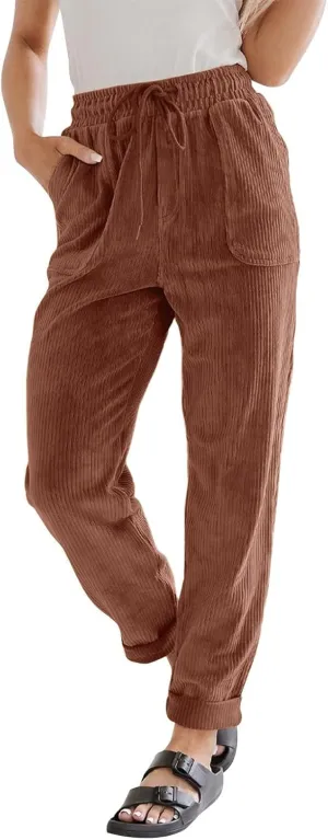 Womens Corduroy Pants Soft Drawstring High Waisted Wide Leg Pants Casual Baggy Cropped Lounge Pants with Pockets