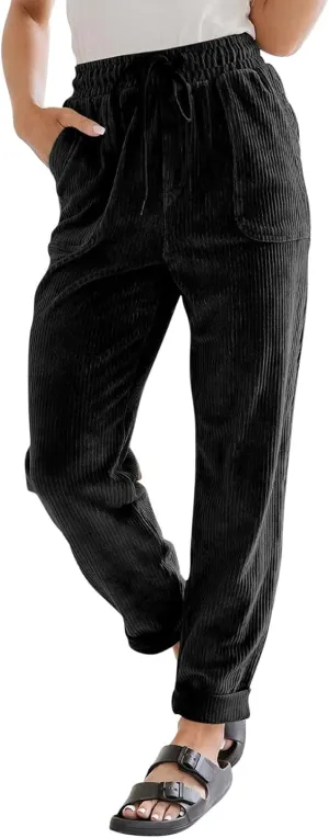 Womens Corduroy Pants Soft Drawstring High Waisted Wide Leg Pants Casual Baggy Cropped Lounge Pants with Pockets