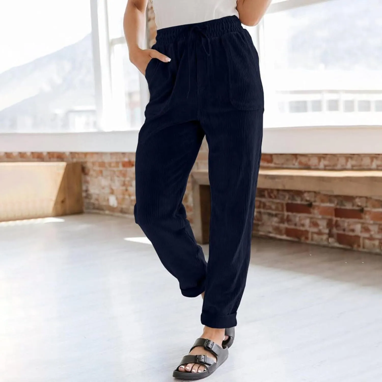 Womens Corduroy Pants Soft Drawstring High Waisted Wide Leg Pants Casual Baggy Cropped Lounge Pants with Pockets