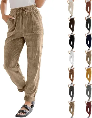 Womens Corduroy Pants Soft Drawstring High Waisted Wide Leg Pants Casual Baggy Cropped Lounge Pants with Pockets