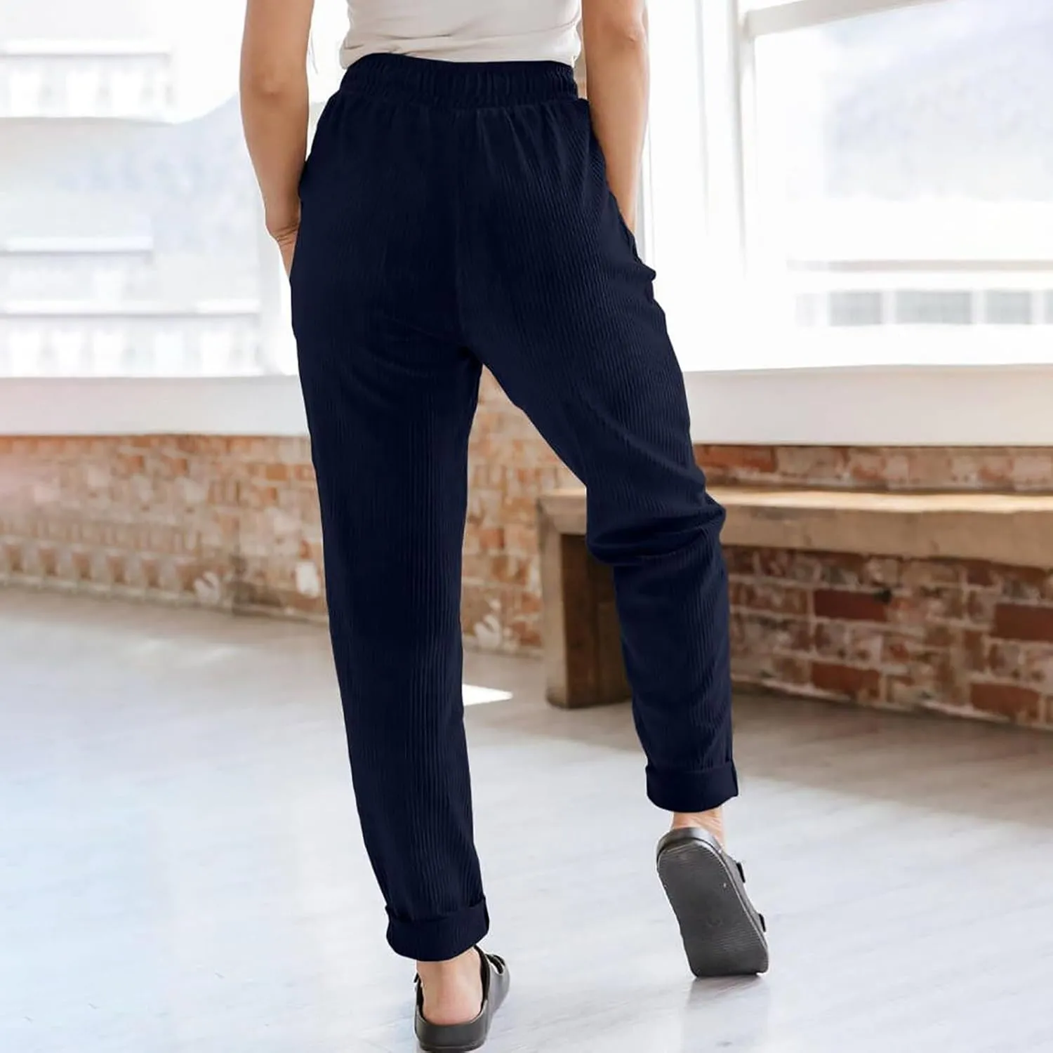 Womens Corduroy Pants Soft Drawstring High Waisted Wide Leg Pants Casual Baggy Cropped Lounge Pants with Pockets