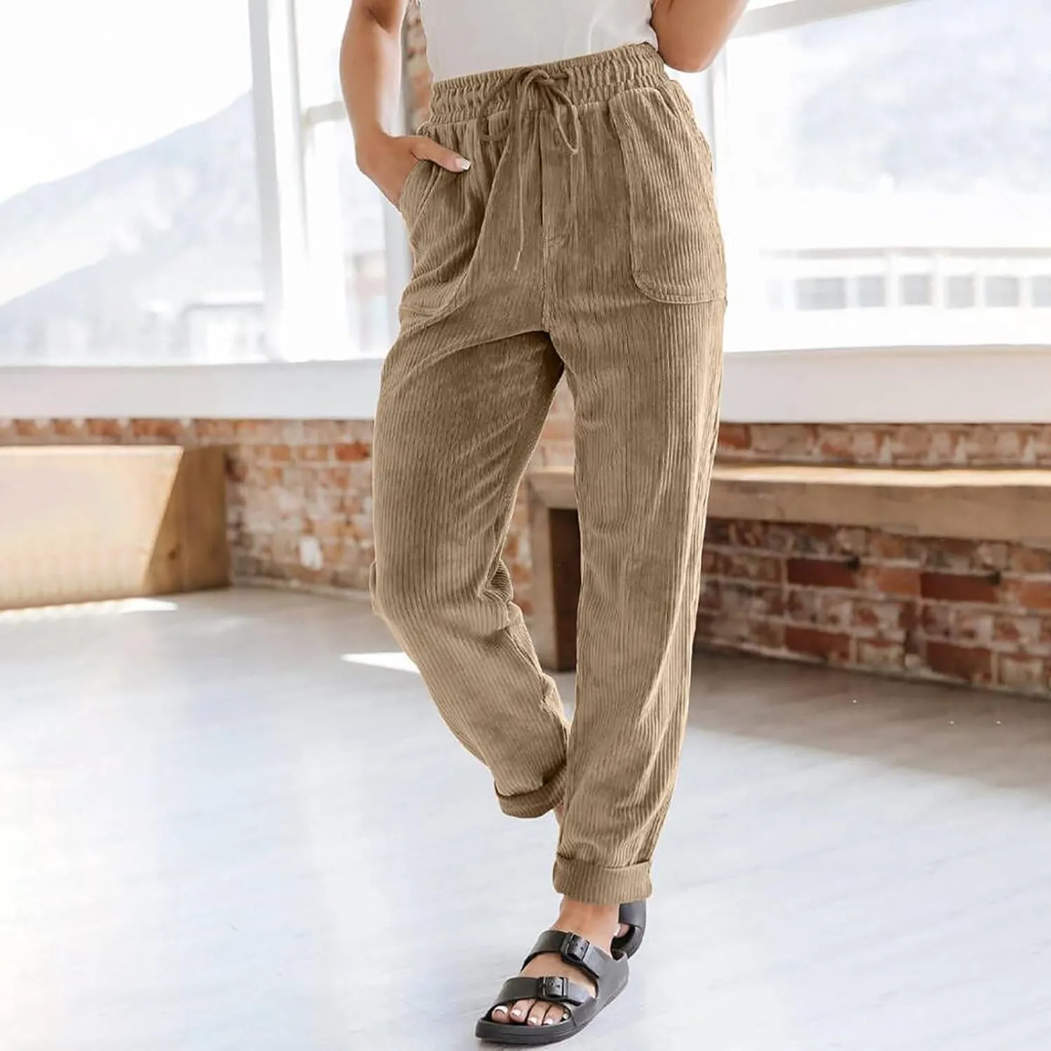 Womens Corduroy Pants Soft Drawstring High Waisted Wide Leg Pants Casual Baggy Cropped Lounge Pants with Pockets