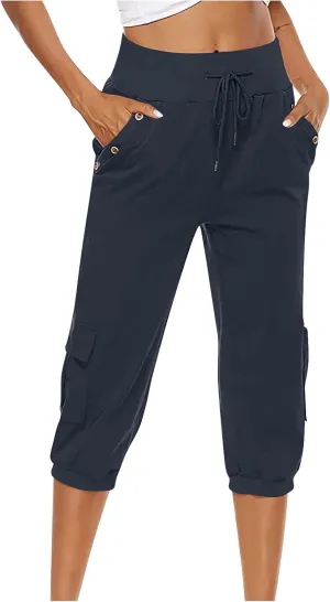 Womens Cotton Linen Cargo Capris Pants Plus Size Loose Fit Hiking Pants Casual Lightweight Jogger Shorts with Pocket